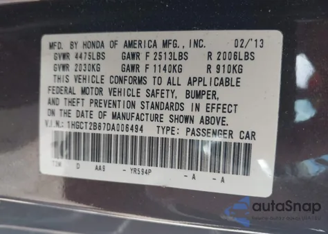 2013 Honda Accord Ex-L V-6 from USA, damaged, VIN 1HGCT2B87DA006494